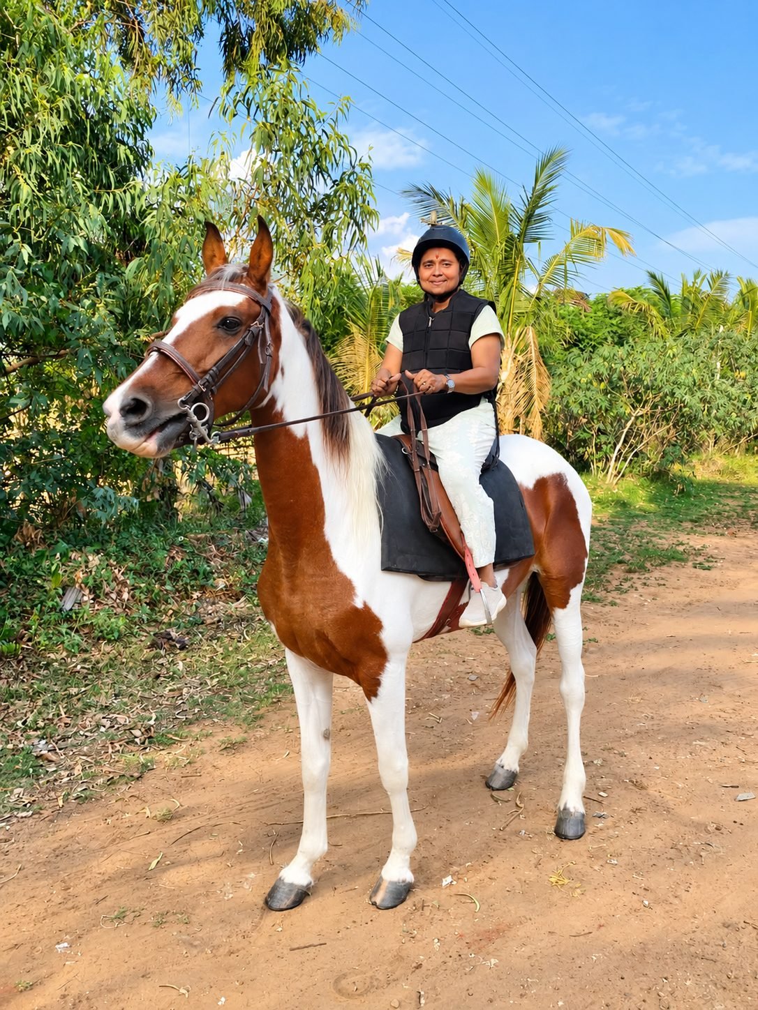 Rider on a pinto horse along a palm-lined trail in Trichy
